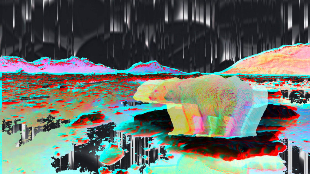 Distorted glitch art of polar bear with black pills in sky