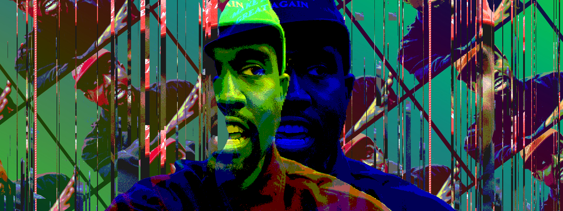 Distorted image of Kanye West in MAGA Hat