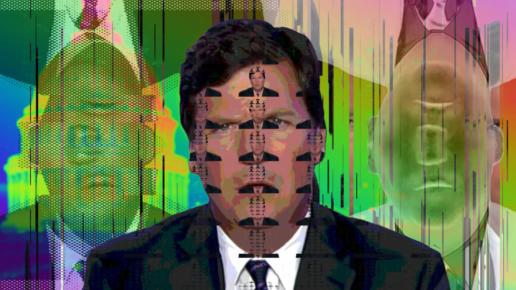 Distorted glitch art of Fox News TV host Tucker Carlson