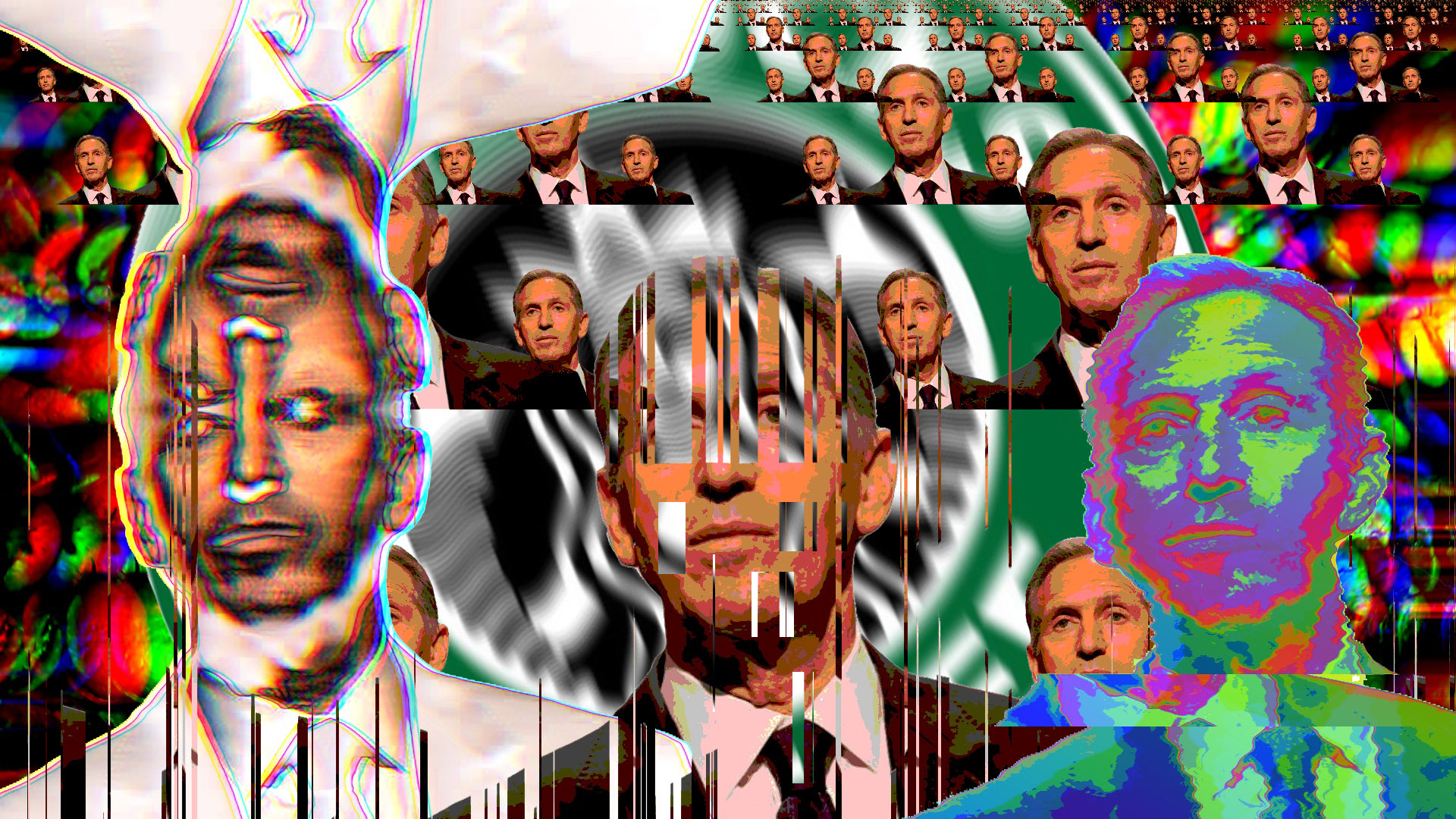 A heavily distorted image of Howard Schultz
