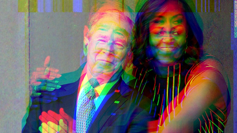 Michelle Obama hugs President George W. Bush